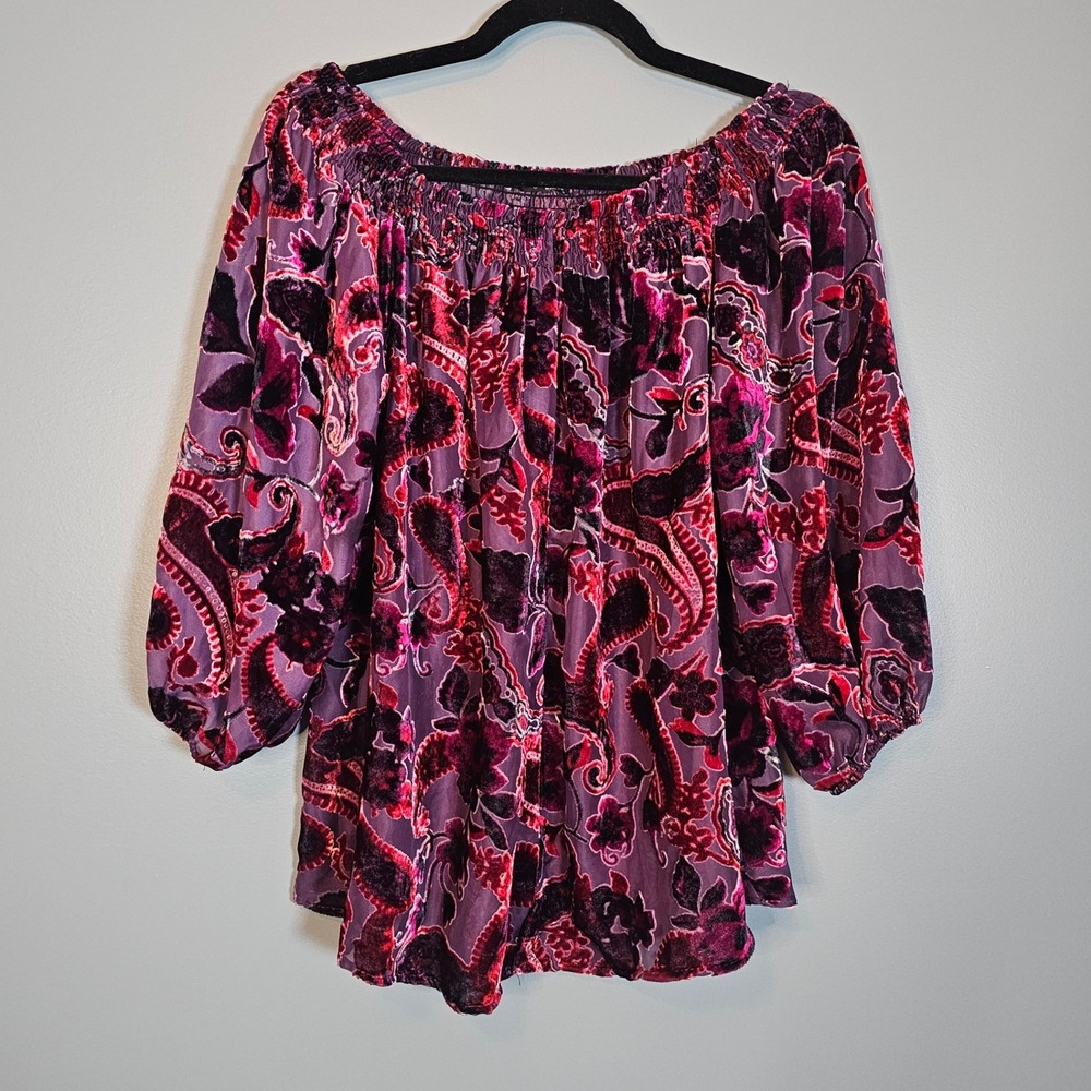 Ariella Chicos Women's Purple Paisley Burnout Velvet Sheer Blouse Top Size S